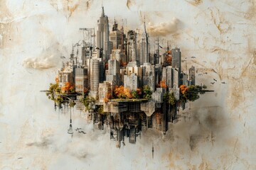 An artistic floating city with its mirrored reflection in the clouds