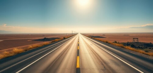 Fototapeta premium Endless asphalt ribbon vanishing into hazy distance, sun-drenched landscape, direction, journey, view