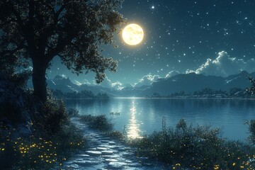 Full moon over a tranquil lake at night, mountains rise in background