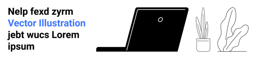 Black laptop with sleek design and two potted plants creating a clean workspace aesthetic. Ideal for productivity, technology, minimalism, modern design, creativity, home office, simple landing page