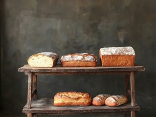 Rustic wooden shelf displays assorted loaves of freshly baked bread against a dark background.  Image ideal for bakery websites, food blogs, and recipe publications.