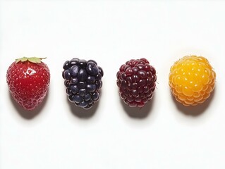 Colorful berries arranged in a row on a white background.  Perfect for food blogs, recipes, and healthy eating concepts.