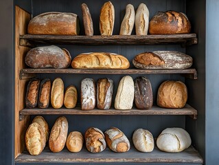 Assortment of freshly baked bread loaves displayed on rustic wooden shelves in a dark-colored cabinet.  A variety of shapes, sizes, and crusts are shown.