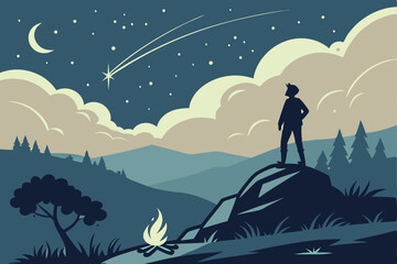 12 Night sky, starry landscape, silhouette figure, mountain vista, glowing campfire, distant city lights, twilight horizon, shooting star, atmospheric clouds, rocky outcrop, tranquil scene, panoramic 