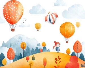 Naklejka premium Girl watches autumn hot air balloons.