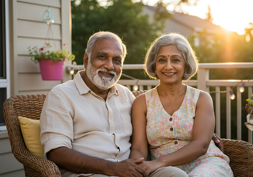 Happy elderly East Indian couple relaxes on their porch in the warm glow of sunset.