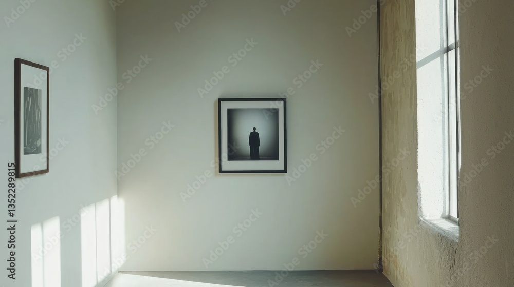 Poster a minimalist photo frame with a single striking image hanging in an elegant gallery