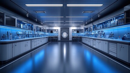 Fototapeta premium Futuristic lab bathed in blue light. Shiny floor reflects work stations