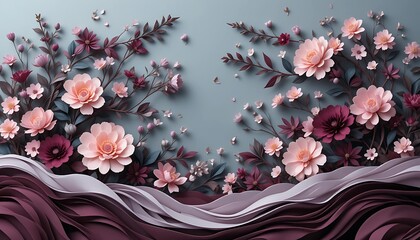 Pink flowers bloom on flowing purple and blue waves