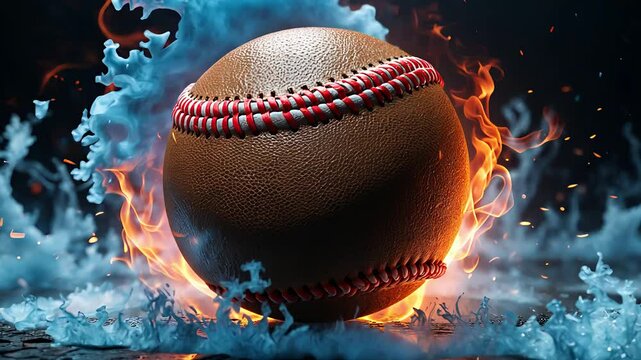 Close-up of a baseball surrounded by dynamic fire and smoke effects on dark background with intense lighting effects

