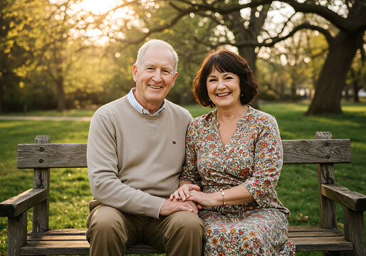 A happy senior couple enjoys a peaceful moment, holding hands and smiling on a park bench.
