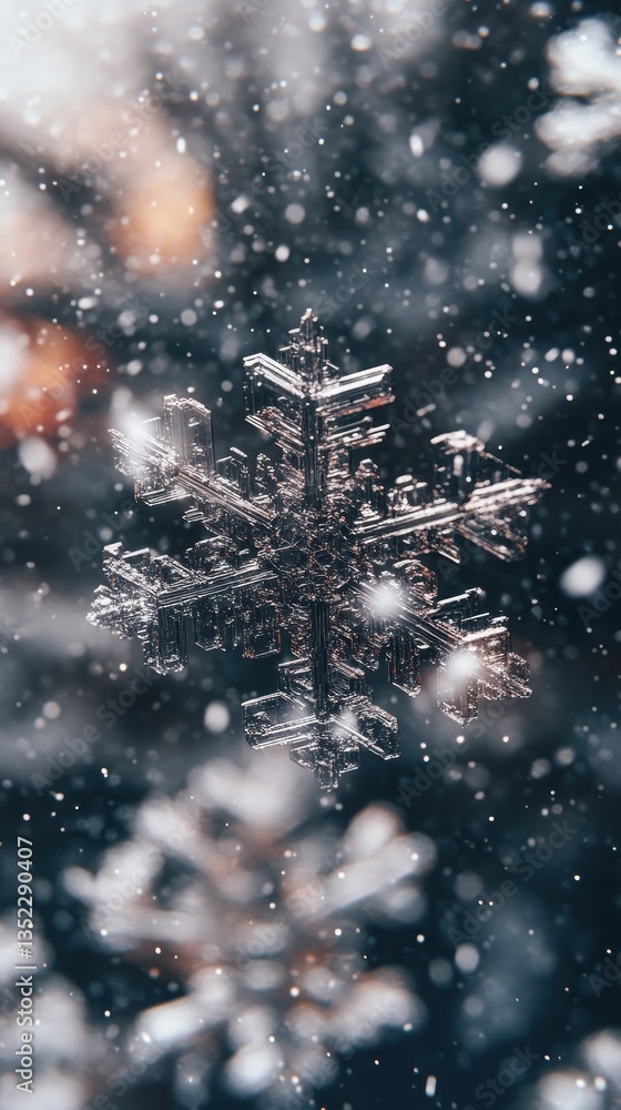 Poster a close up view of a delicate snowflake falling