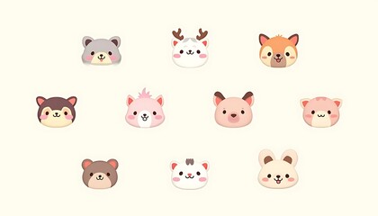 Cute Cartoon Animal Faces Illustration in Pastel Colors for Children