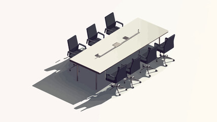 Isometric 3D rendering of a modern conference room. The scene features a long, rectangular conference table with a light beige top and dark grey legs. Eight black office chairs are arranged around