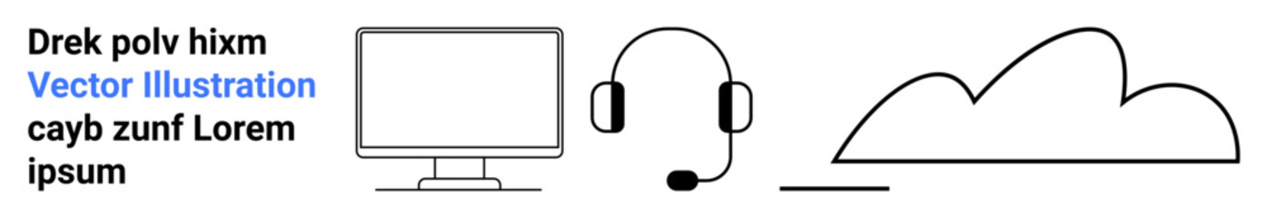 Desktop monitor, headset, and cloud representing tech, communication, remote work, connectivity, support, IT services networking. Ideal for digital workspace and simple landing page