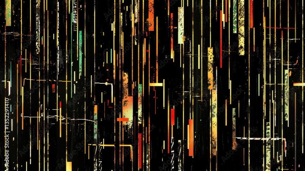 Poster this abstract image features a glitchy pattern with broken lines in vibrant colors. its modern desig
