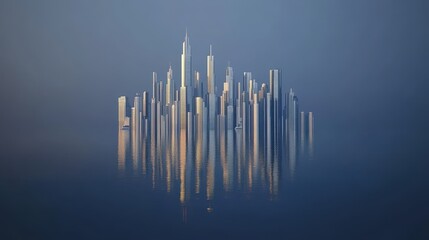 The reflection of a modern city skyline in the water