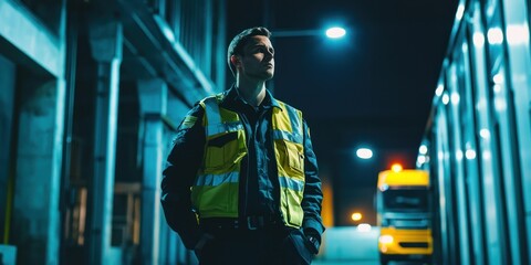 A night security officer patrolling a warehouse