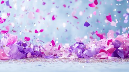 Fototapeta premium Vibrant pink and purple confetti falling onto a sparkling surface against a soft light blue background with bokeh lights.