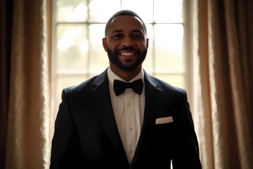 Fototapeta premium Black groom front view smiling, confident and joyful wedding portrait