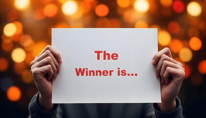 Award announcement, suspense, hands holding white card, "The Winner Is" text, blurred golden lights background