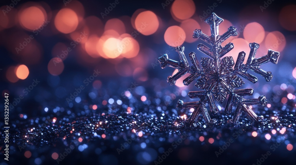 Poster a shimmering silver snowflake rests against a blurred background with bokeh