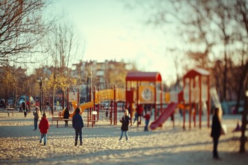 Obraz premium Children playing in park, warm tones and copy space
