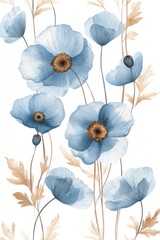 Delicate blue flowers and stems beautifully painted on white background