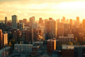City skyline tilt-shift golden hour lighting and copy space