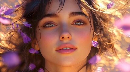 Obraz premium Girl lies amid purple petals, eyes gazing up, serene and radiant in golden light