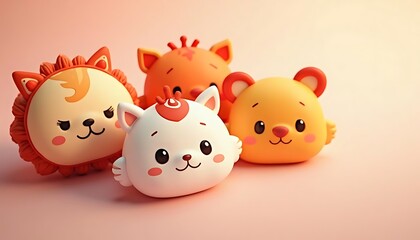 Cartoon Animal Figures Grouped Together Cute Kawaii Style for Kids