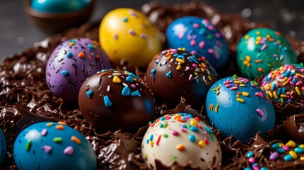 Fototapeta premium Cracked chocolate Easter eggs with cream 