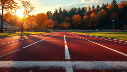 sunset over running track, autumn trees, golden hour lighting, vibrant red track lanes, crisp white lines