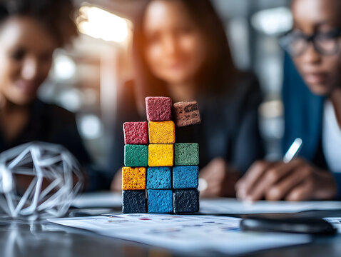 Close up of stacked colorful blocks with blurred businesswomen brainstorming in background showcasing teamwork growth and creative planning