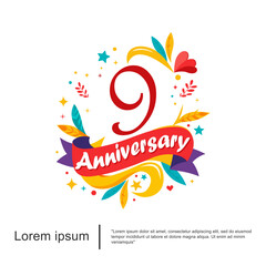 9th years anniversary celebration emblem. anniversary logo colorful and cheerful isolated with leaves, ribbons and stars on white background. vector illustration template design