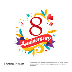 8th years anniversary celebration emblem. anniversary logo colorful and cheerful isolated with leaves, ribbons and stars on white background. vector illustration template design