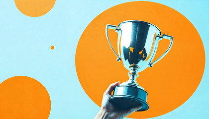Trophy cup, vibrant orange background, blue textured overlay, retro halftone effect