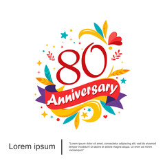 80th years anniversary celebration emblem. anniversary logo colorful and cheerful isolated with leaves, ribbons and stars on white background. vector illustration template design