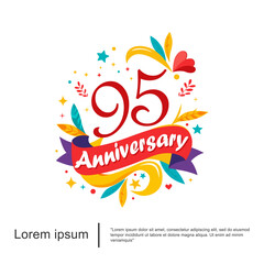 95th years anniversary celebration emblem. anniversary logo colorful and cheerful isolated with leaves, ribbons and stars on white background. vector illustration template design