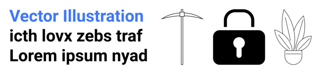 Pickaxe, padlock with keyhole, minimalist potted plant signifying tools, safety, and eco-consciousness. Ideal for technology, mining, security, sustainability tools eco-friendly products flat