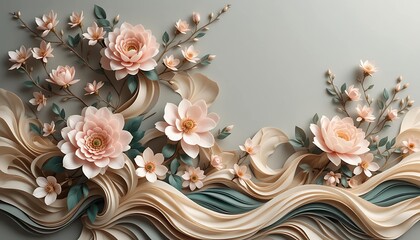 Elegant paper-cut cherry blossoms in peach tones bloom above layered ocean-like waves on a soft beige background