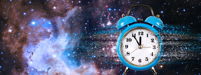 Ethereal clock floats amidst a cosmic backdrop, blending time and the vastness of the universe in a...