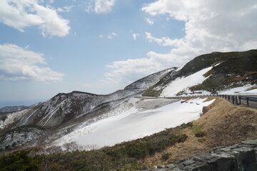 View of snow-covered mountains seen from Shiretoko Pass
