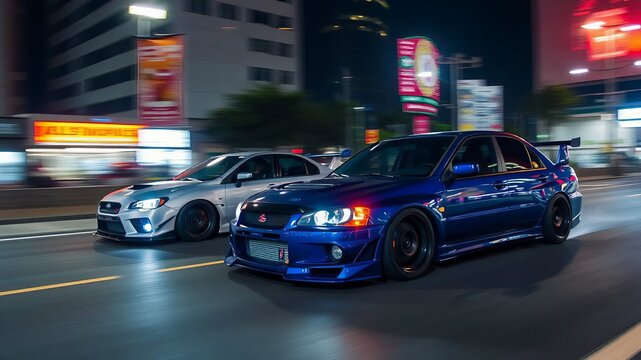 Two modified cars racing through an urban area at night, with colorful street lights reflecting off their glossy paint and motion blur conveying speed.