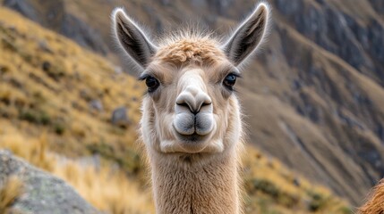 Obraz premium a llama looking at the camera in the Andes mountains of Peru 