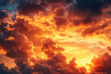 Vibrant sunset with fluffy clouds, casting a warm orange glow over the sky.