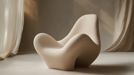 A sculptural armchair with smooth, flowing contours, upholstered in neutral-toned fabric