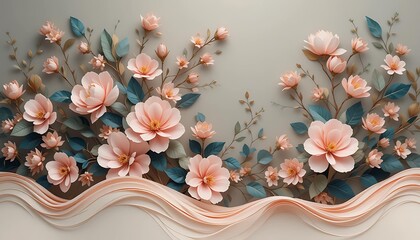 Elegant paper-cut cherry blossoms in peach tones bloom above layered ocean-like waves on a soft beige background