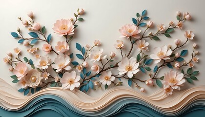 Elegant paper-cut cherry blossoms in peach tones bloom above layered ocean-like waves on a soft beige background
