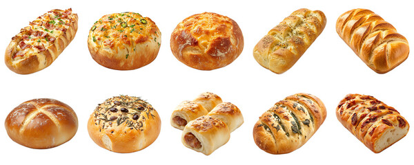 Assortment of Freshly Baked Bread and Savory Pastries Displayed on a Light Background for Delicious Culinary Inspiration and Recipe Ideas. Piquant food set.